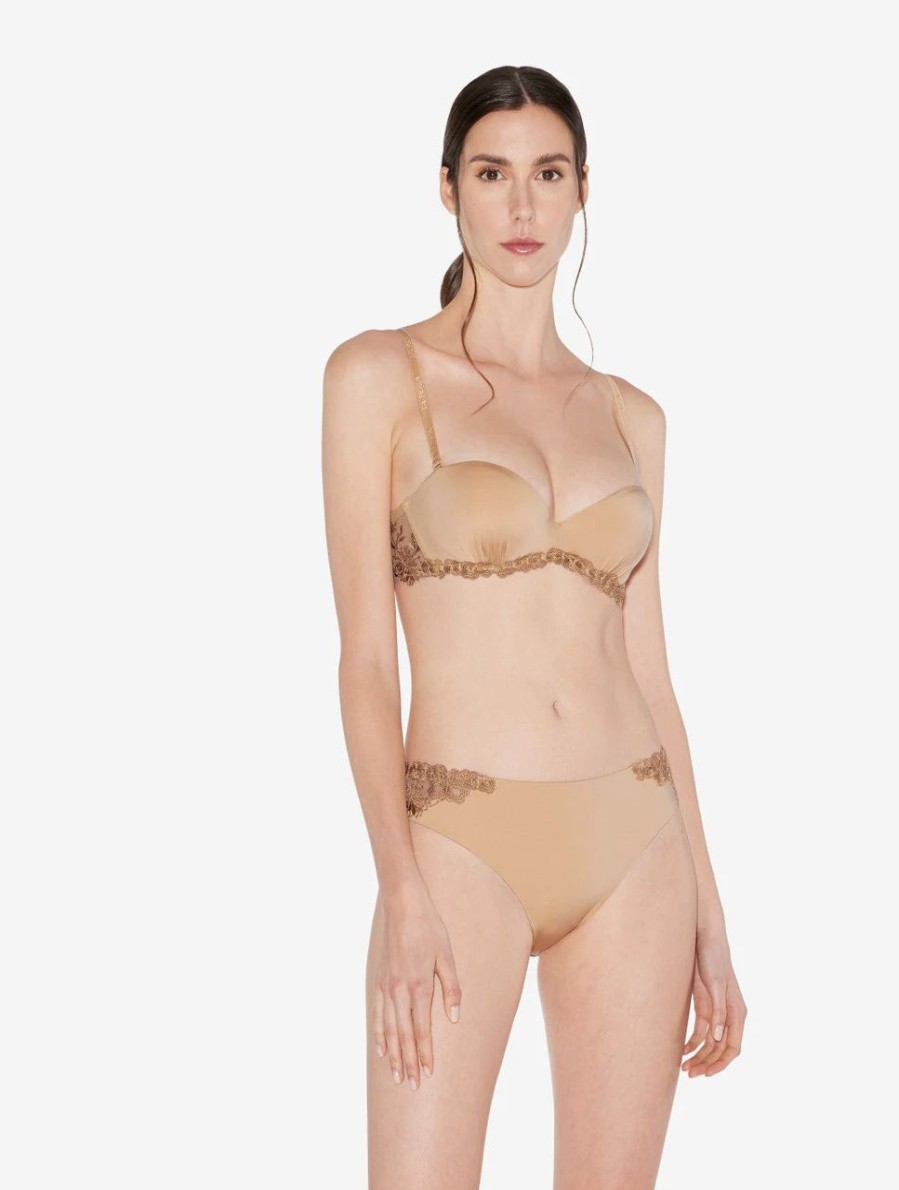 Bras * | Zephyr Bandeau Bra In Beige Lycra With Embroidered Tulle