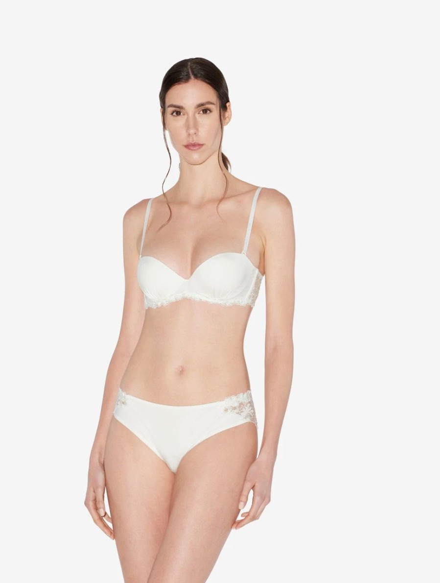 Bras * | Zephyr Bandeau Bra In Off-White Lycra With Embroidered Tulle