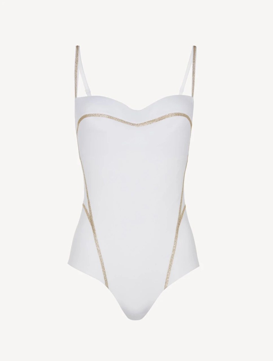 One-Piece Bathing Suits * | Performance Underwired White Swimsuit With Metallic Embroidery