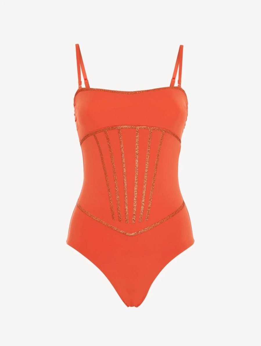 One-Piece Bathing Suits * | Performance Orange Swimsuit With Metallic Embroidery