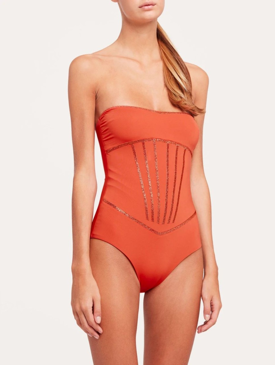 One-Piece Bathing Suits * | Performance Orange Swimsuit With Metallic Embroidery