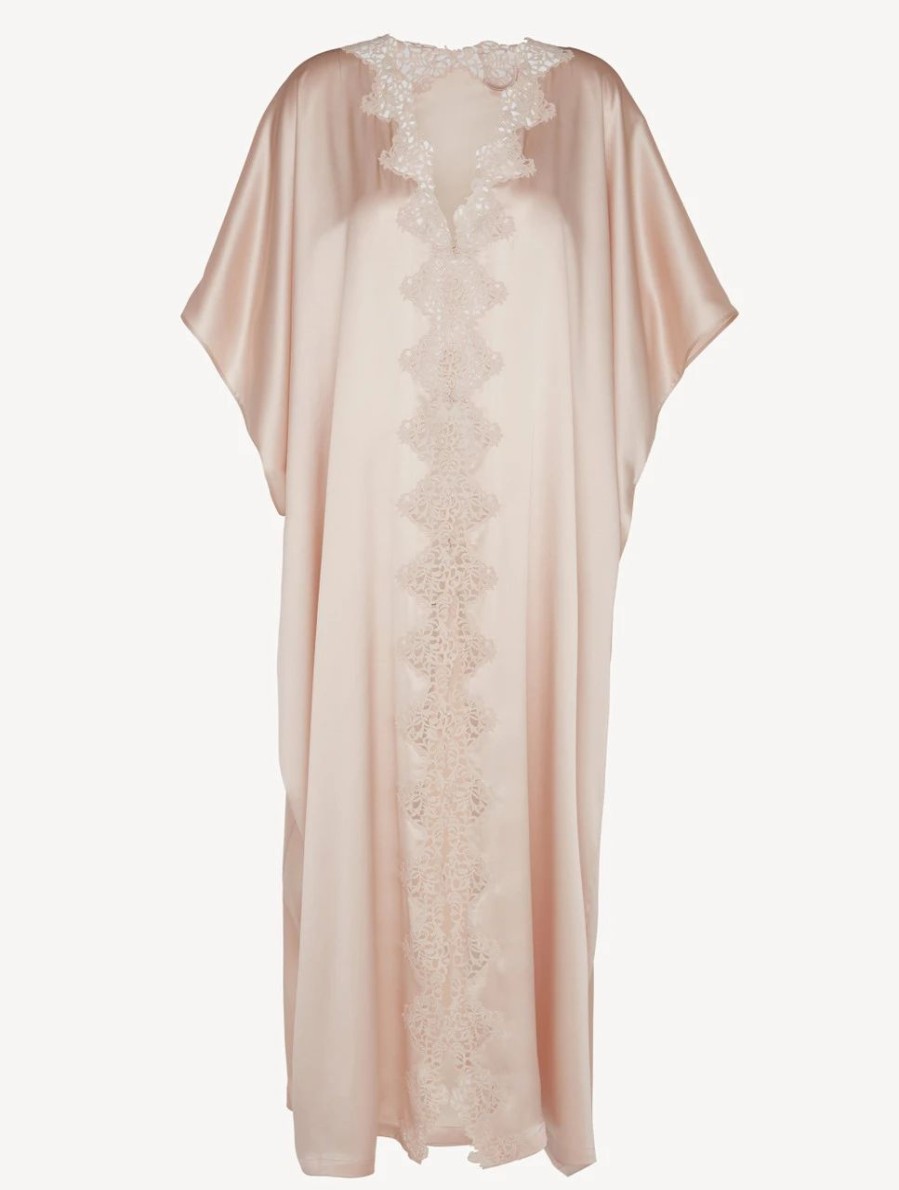 Sleepwear * | Petit Macrame Rose Beige Long Silk Robe With Macrame