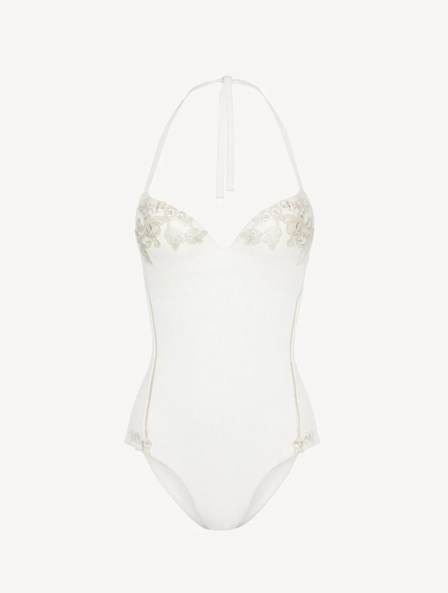 One-Piece Bathing Suits * | Love Journey Swimsuit In Off-White With Ivory Embroidery And Tulle