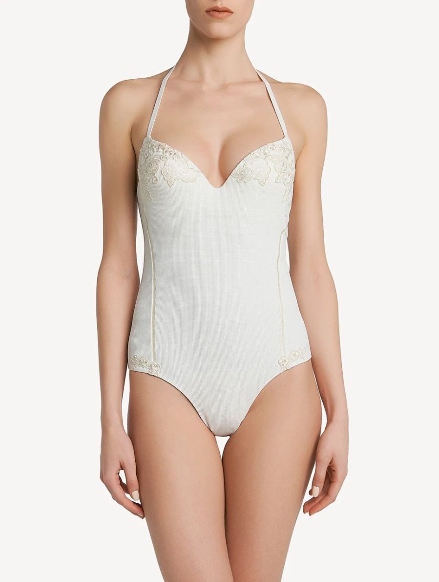 One-Piece Bathing Suits * | Love Journey Swimsuit In Off-White With Ivory Embroidery And Tulle