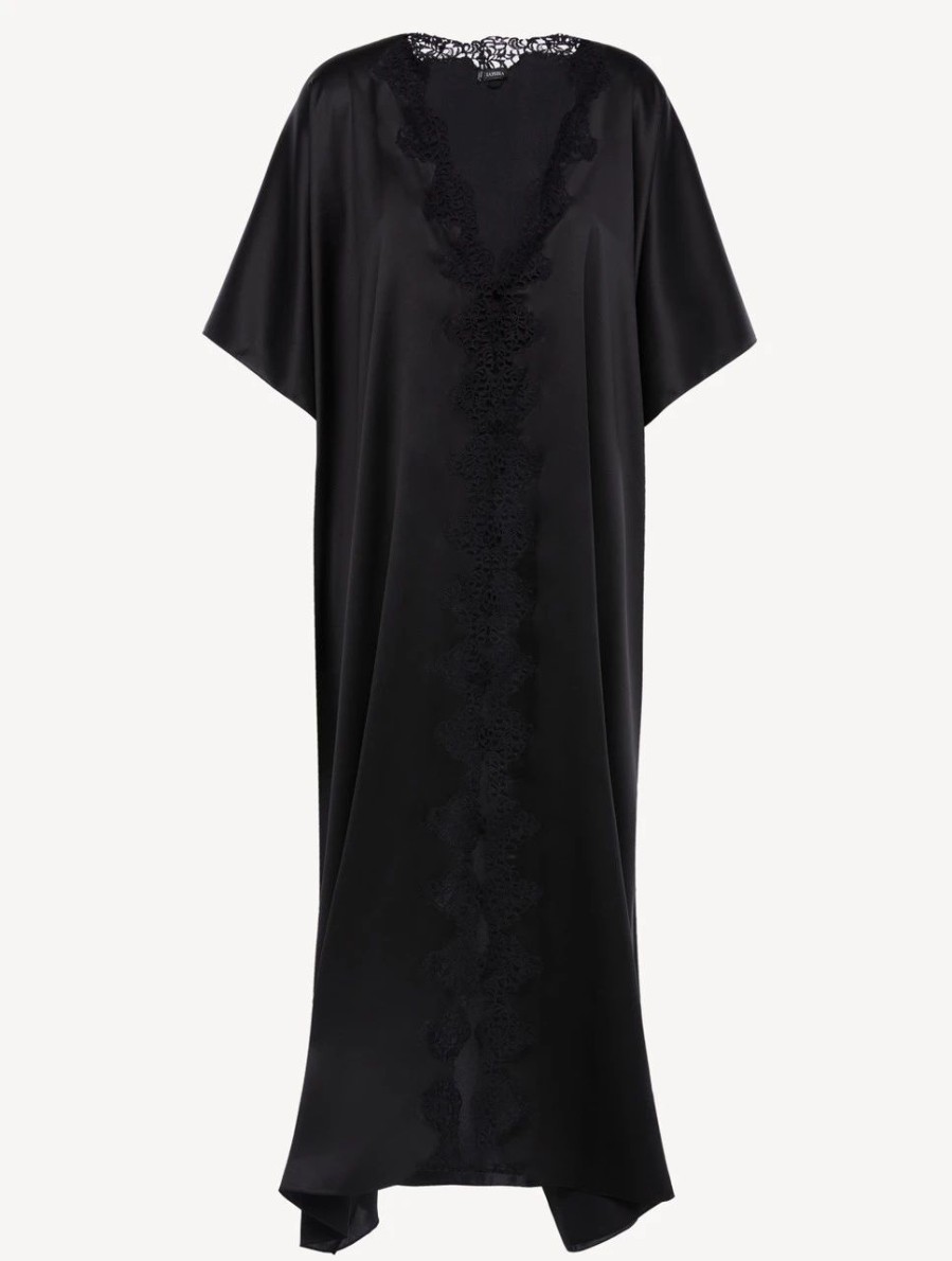 Sleepwear * | Petit Macrame Black Long Silk Robe With Macrame