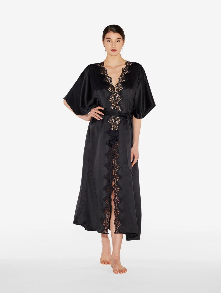 Sleepwear * | Petit Macrame Black Long Silk Robe With Macrame