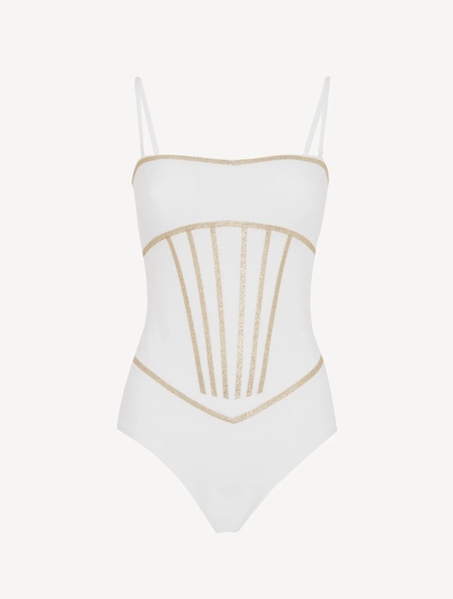 One-Piece Bathing Suits * | Performance White Swimsuit With Metallic Embroidery