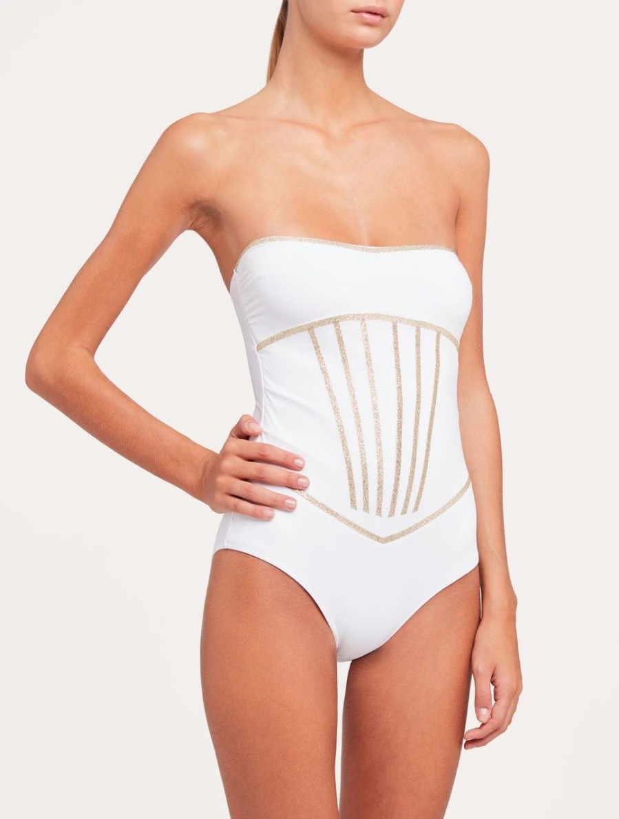 One-Piece Bathing Suits * | Performance White Swimsuit With Metallic Embroidery