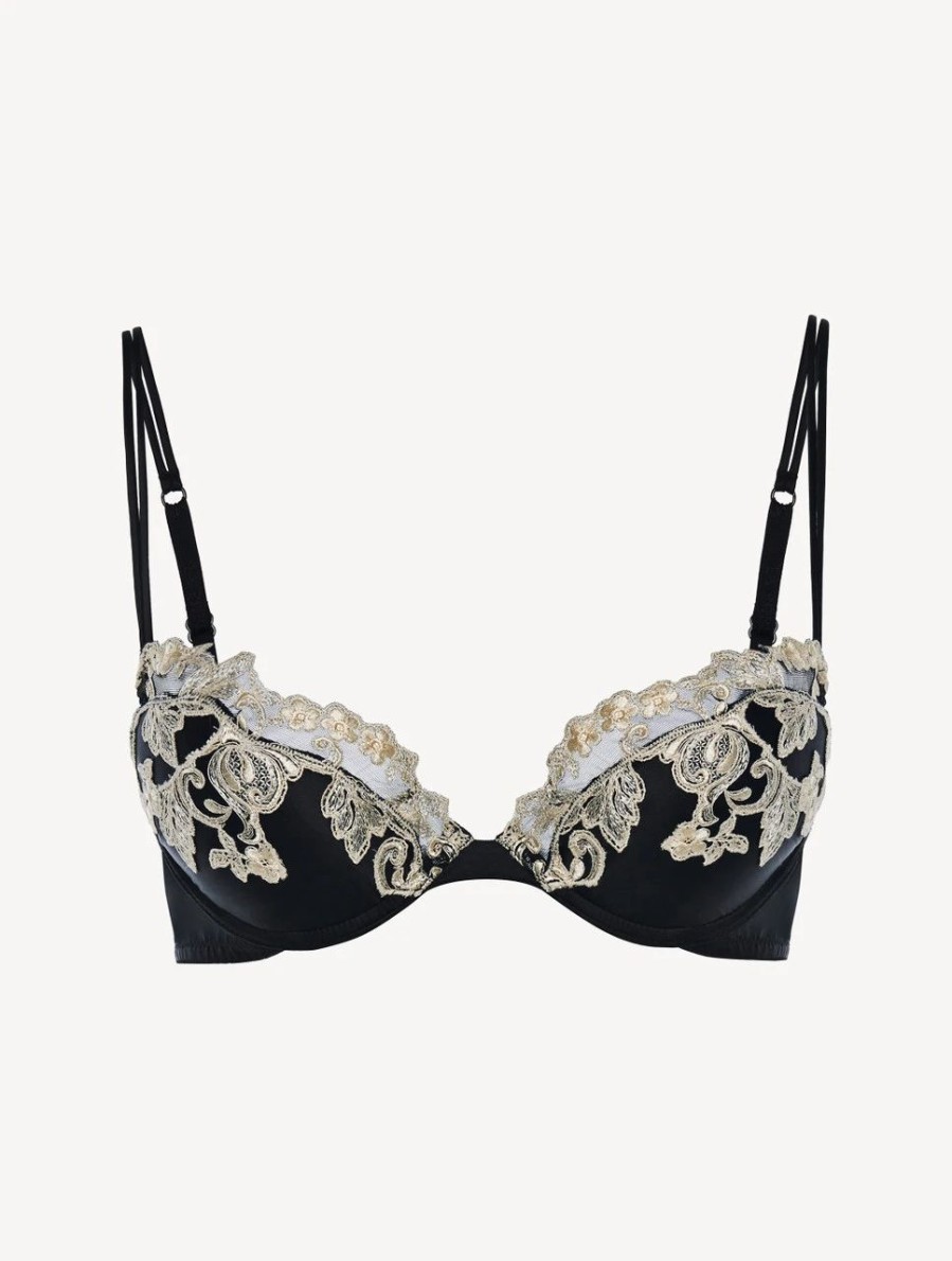 Bras * | Maison Black Silk Push-Up Bra With Ivory Frastaglio