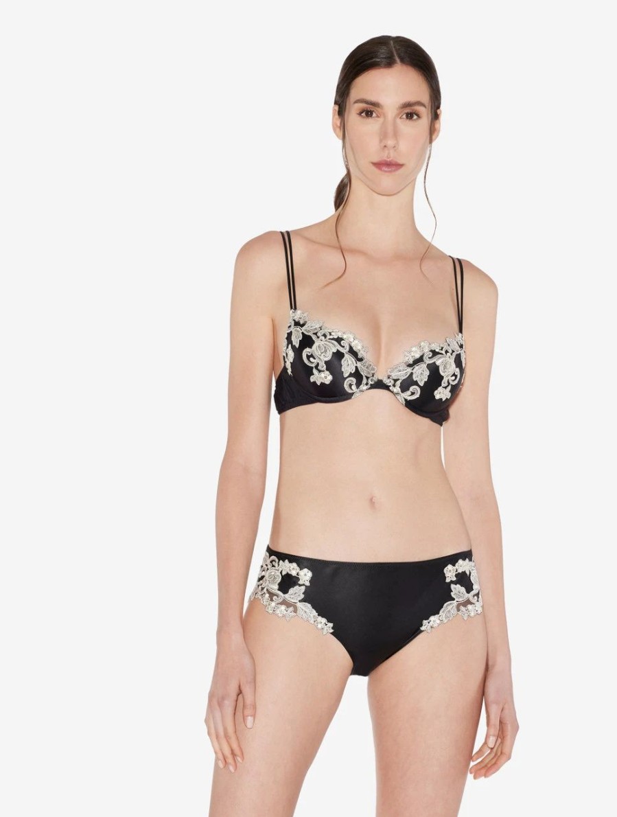 Bras * | Maison Black Silk Push-Up Bra With Ivory Frastaglio