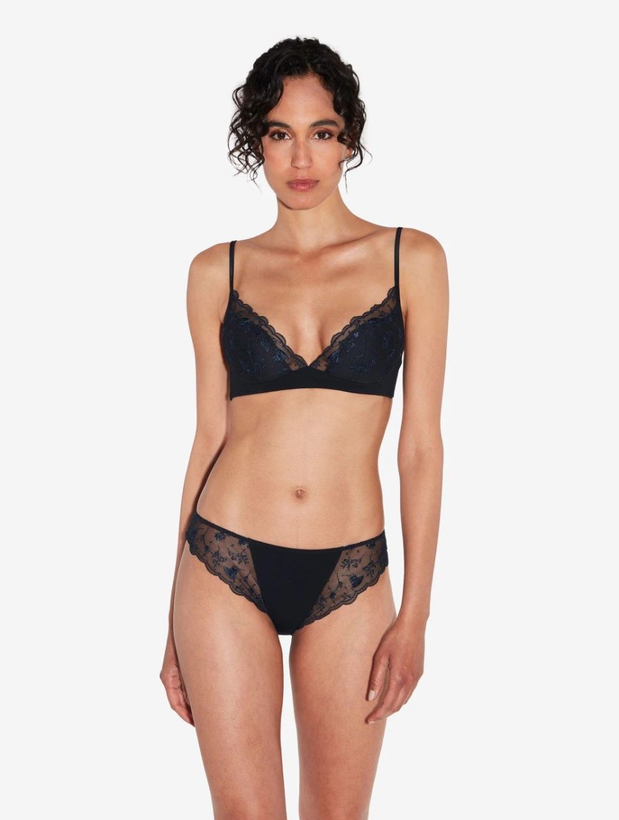 Bras * | Midnight Botanica Bralette In Onyx With Embroidered Tulle