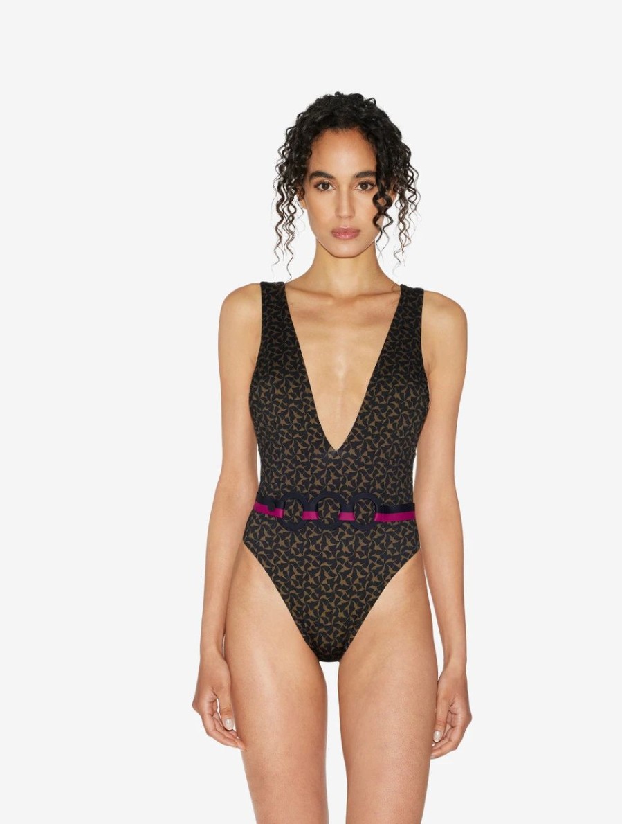 One-Piece Bathing Suits * | Summer Winds Belted Swimsuit In Dark Green And Black