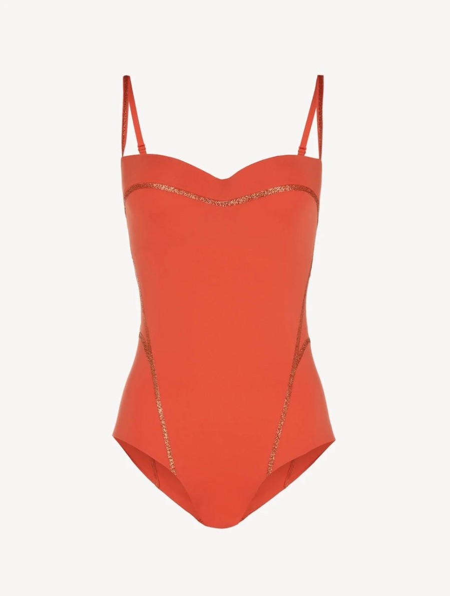 One-Piece Bathing Suits * | Performance Underwired Orange Swimsuit With Metallic Embroidery