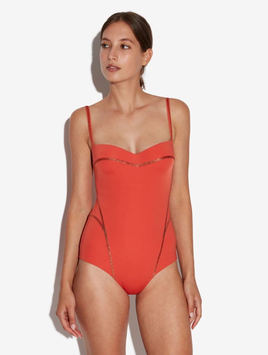 One-Piece Bathing Suits * | Performance Underwired Orange Swimsuit With Metallic Embroidery