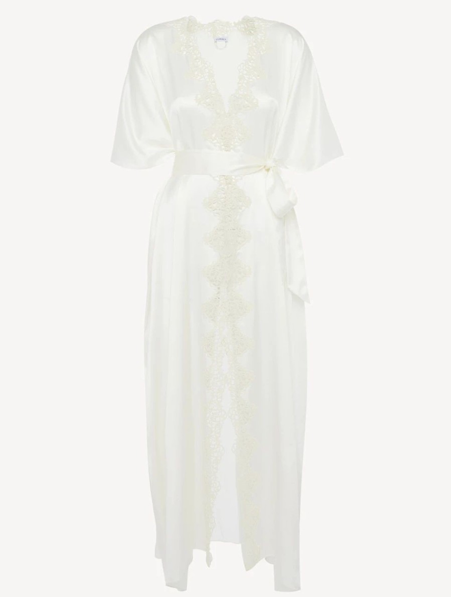 Sleepwear * | Petit Macrame Off-White Long Silk Robe With Macrame