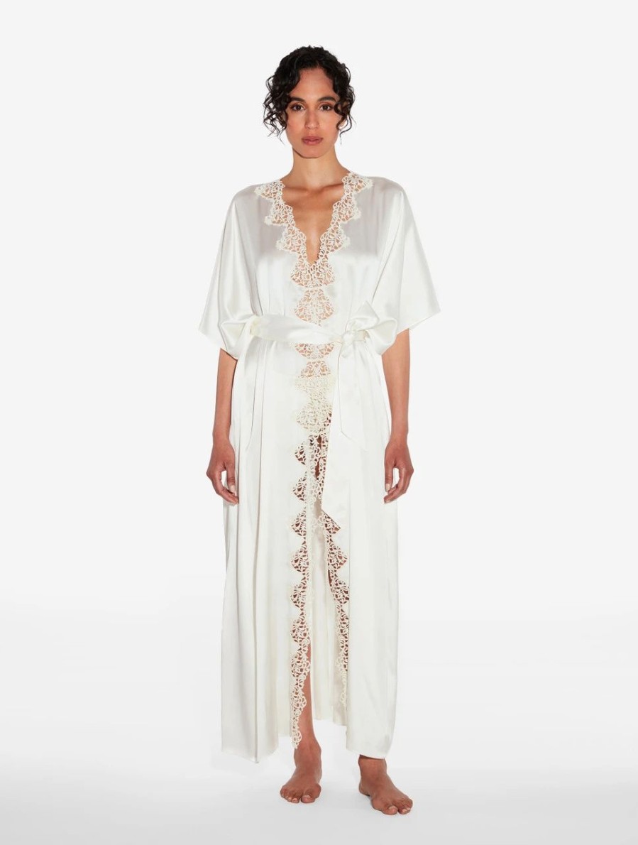 Sleepwear * | Petit Macrame Off-White Long Silk Robe With Macrame