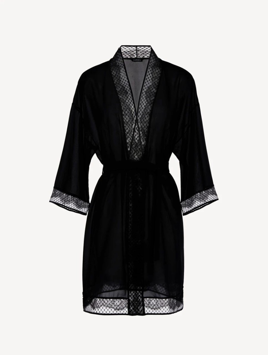 Sleepwear * | Honeycomb Shadows Short Silk Robe With Leavers Lace