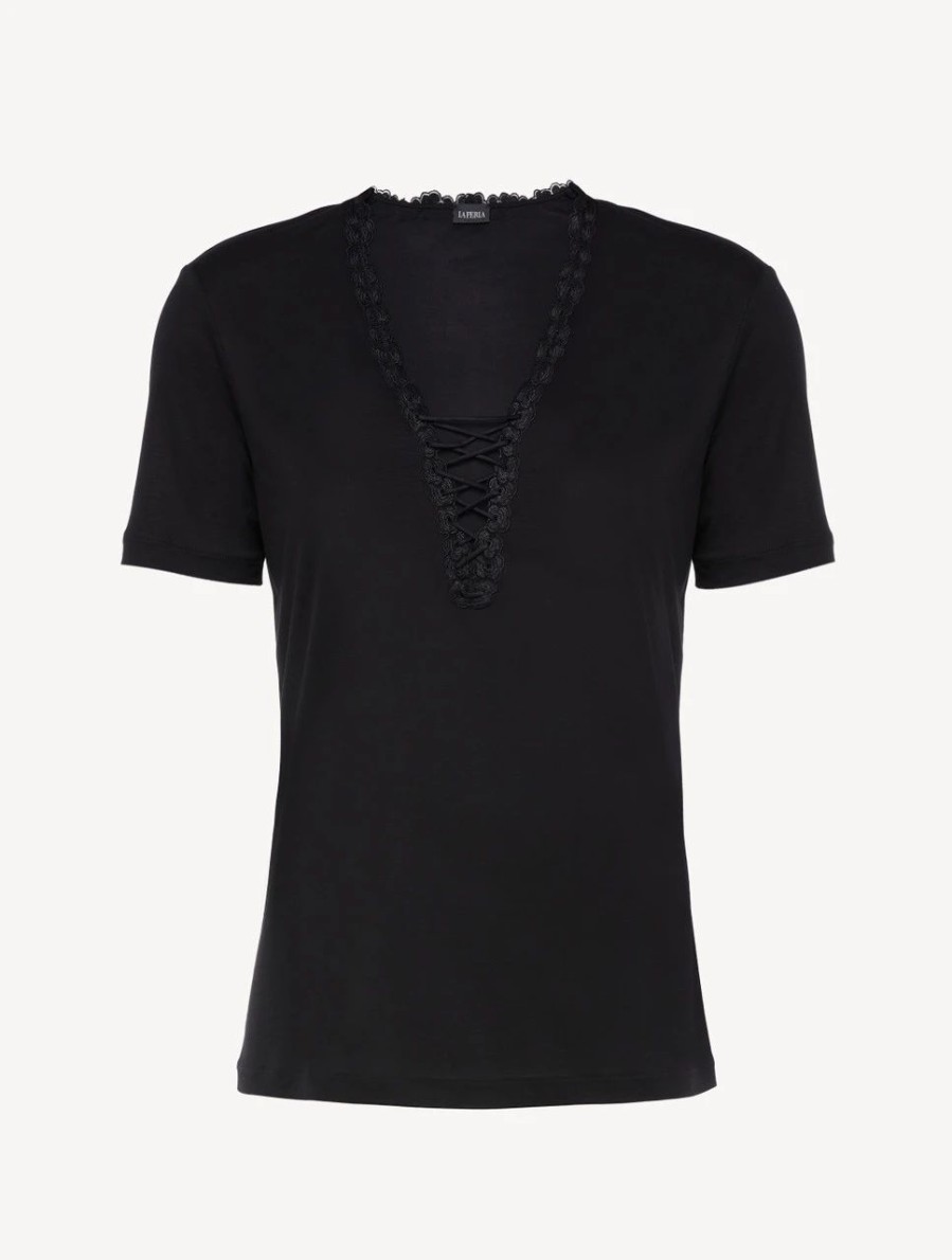 Sleepwear * | Zephyr T-Shirt In Black Modal With Embroidered Tulle