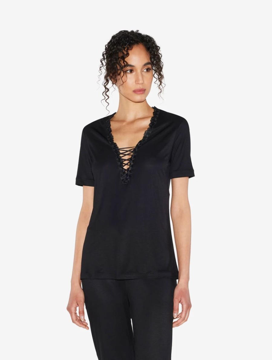 Sleepwear * | Zephyr T-Shirt In Black Modal With Embroidered Tulle