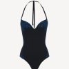 One-Piece Bathing Suits * | Love Journey Swimsuit In Black With Dark Blue Embroidery And Tulle