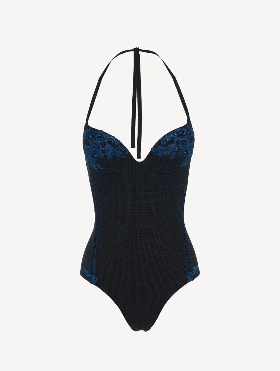 One-Piece Bathing Suits * | Love Journey Swimsuit In Black With Dark Blue Embroidery And Tulle