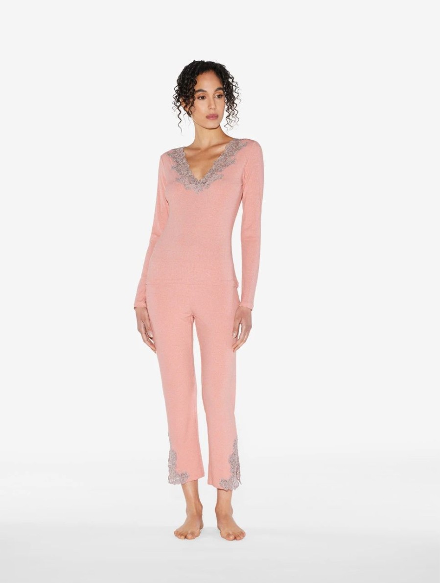 Sleepwear * | Angel Kiss Cashmere Blend Ribbed Trousers In Blush Clay With Frastaglio