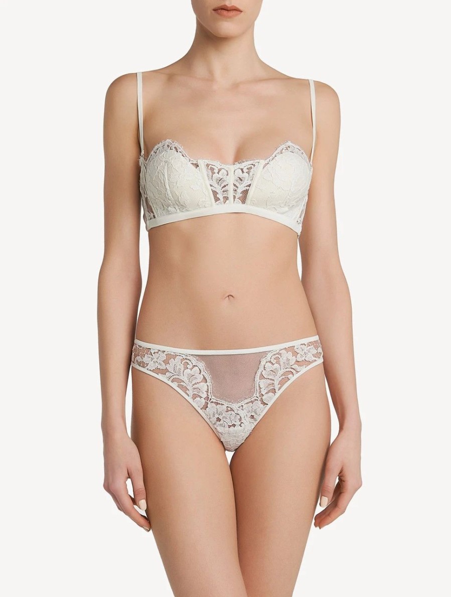 Bras * | Fall In Love Bandeau Bra In Off-White Silk Georgette With Leavers Lace