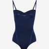 One-Piece Bathing Suits * | Performance Underwired Navy Swimsuit With Metallic Embroidery