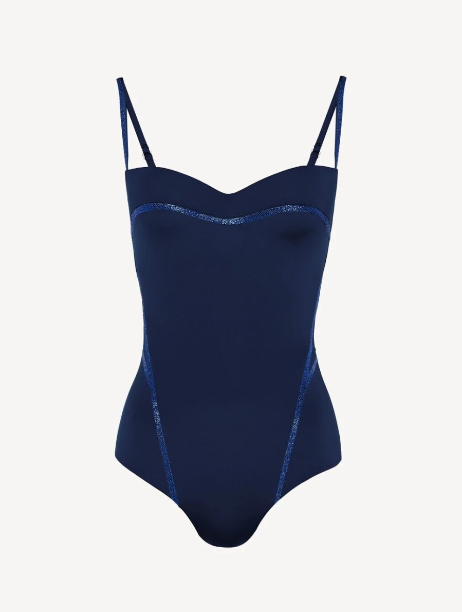 One-Piece Bathing Suits * | Performance Underwired Navy Swimsuit With Metallic Embroidery