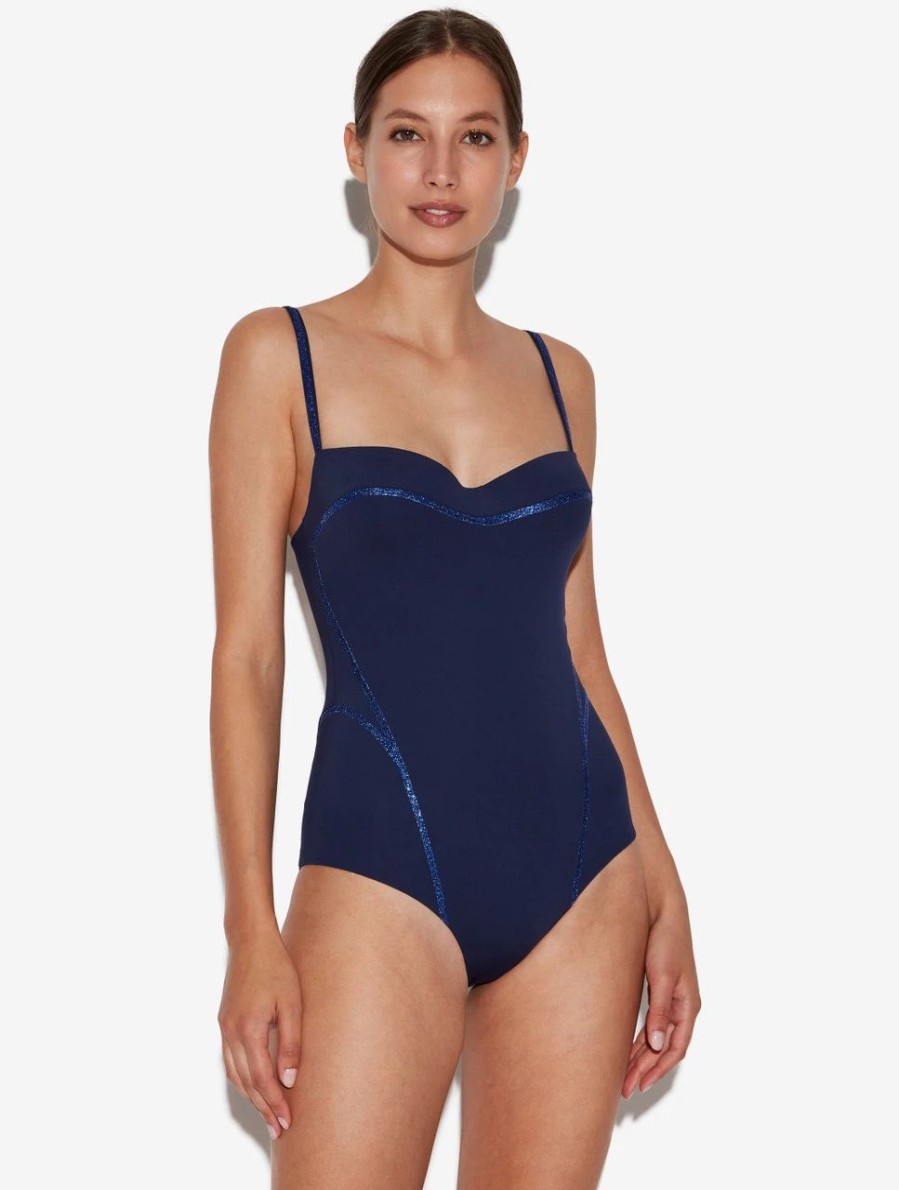 One-Piece Bathing Suits * | Performance Underwired Navy Swimsuit With Metallic Embroidery