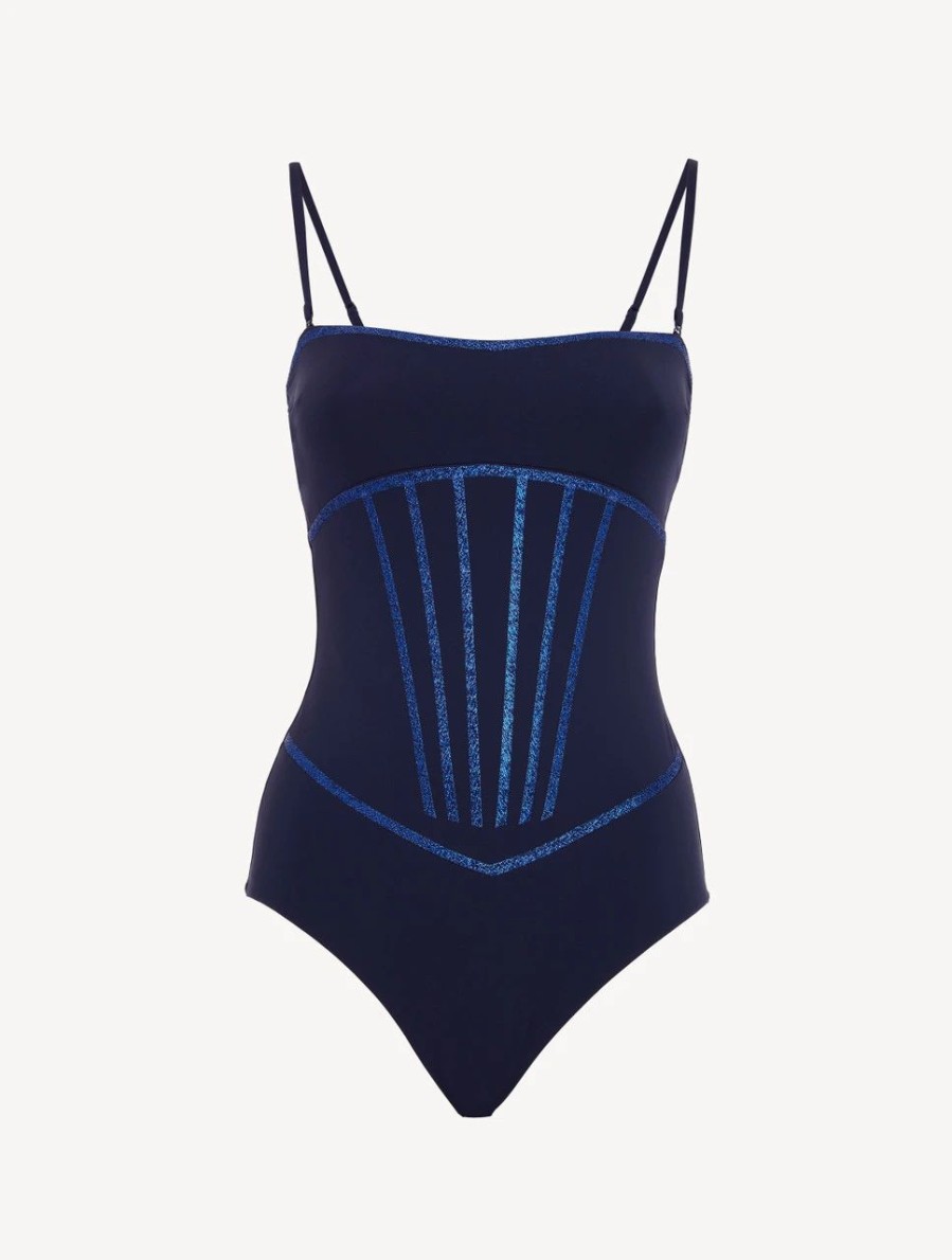 One-Piece Bathing Suits * | Performance Navy Swimsuit With Metallic Embroidery