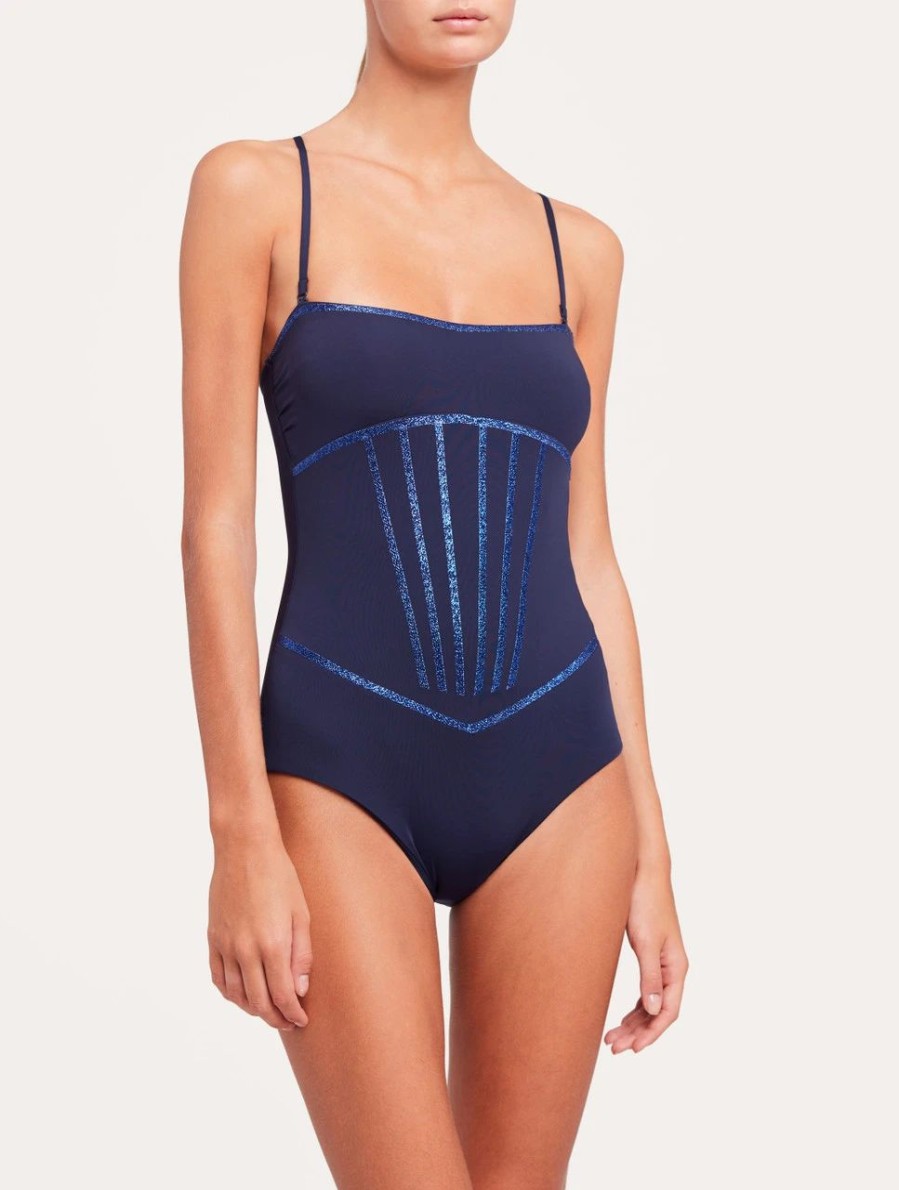 One-Piece Bathing Suits * | Performance Navy Swimsuit With Metallic Embroidery