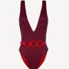 One-Piece Bathing Suits * | Summer Winds Belted Swimsuit In Red And Blue