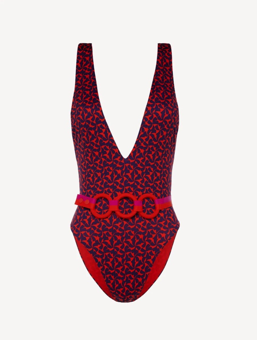 One-Piece Bathing Suits * | Summer Winds Belted Swimsuit In Red And Blue