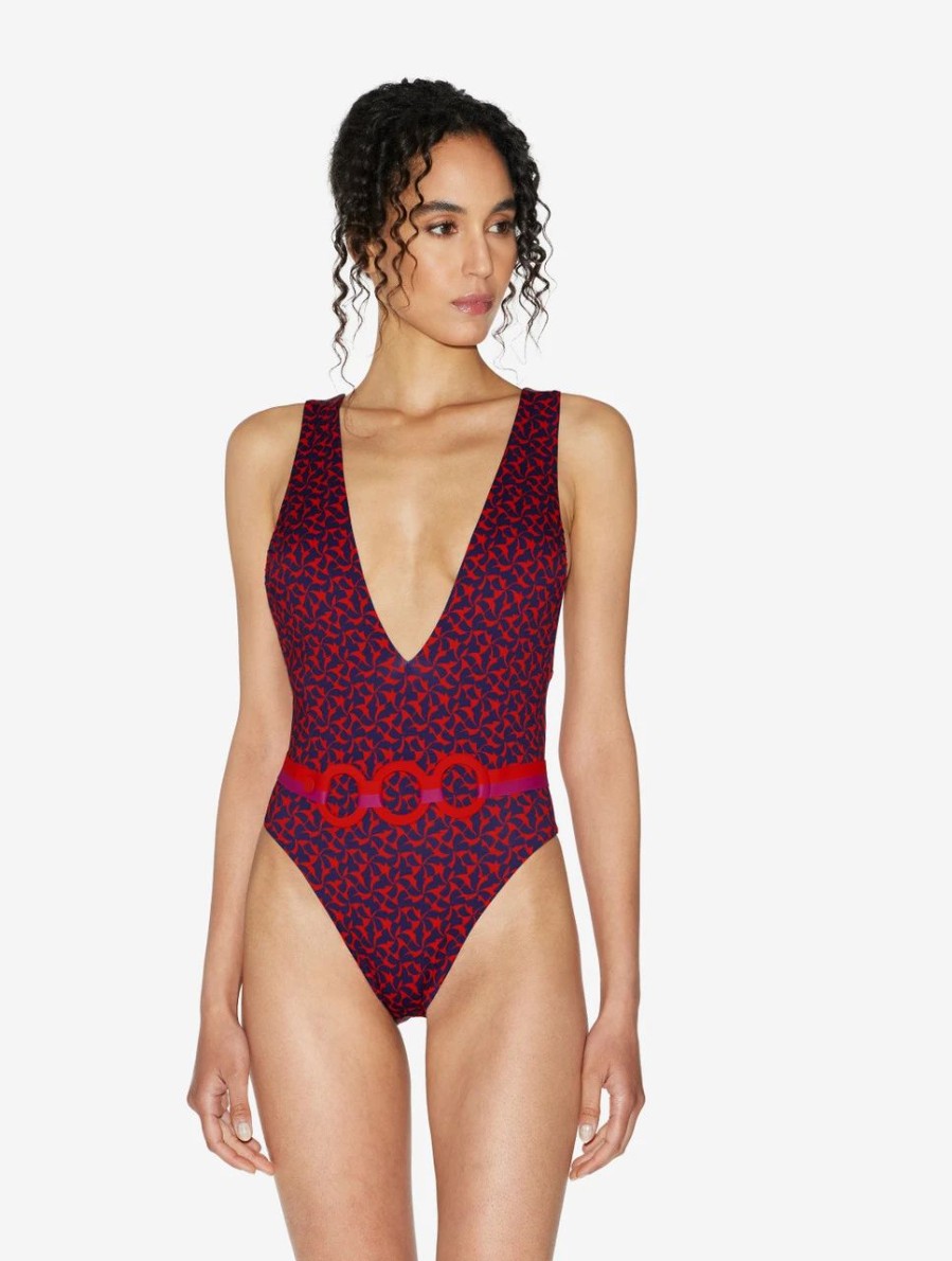 One-Piece Bathing Suits * | Summer Winds Belted Swimsuit In Red And Blue